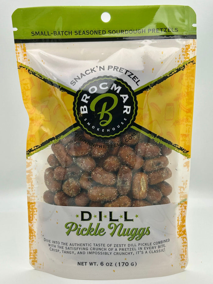 Dill pickle twice-baked sourdough pretzel pieces — bold dill flavor from Brocmar Smokehouse Wilmington NC