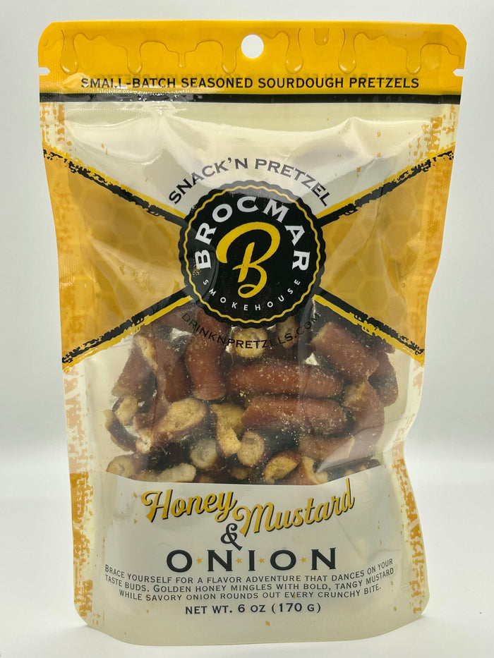Honey mustard and onion twice-baked sourdough pretzel pieces in a Brocmar Smokehouse bag